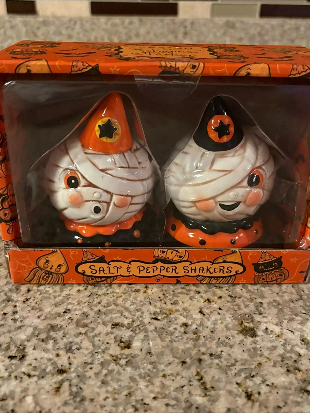 Transpac Johanna Parker Halloween Mummy Salt & Pepper Shakers - Orange & Black
